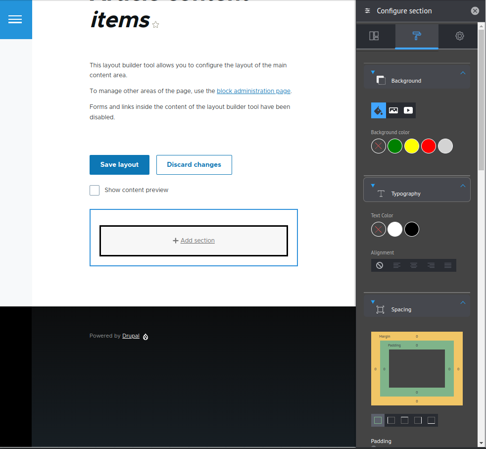 Choosing the section background color and text color with the Bootstrap Layout Builder module