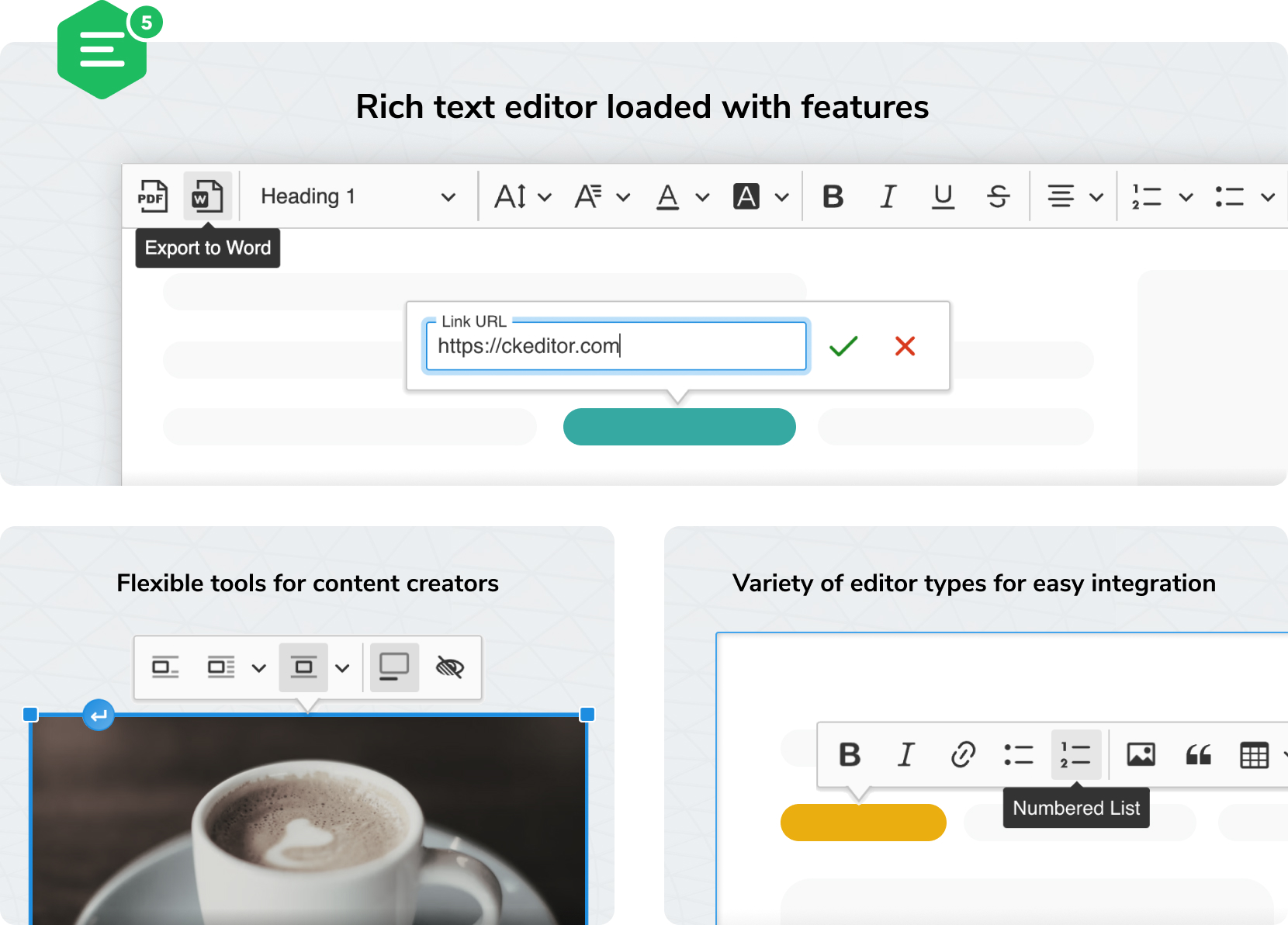 The latest versions of Drupal include the CKEditor 5 visual editor with many practical features. 