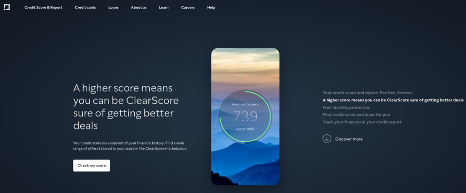 The smartphone on the ClearScore fintech website dynamically presents the functions of the tool