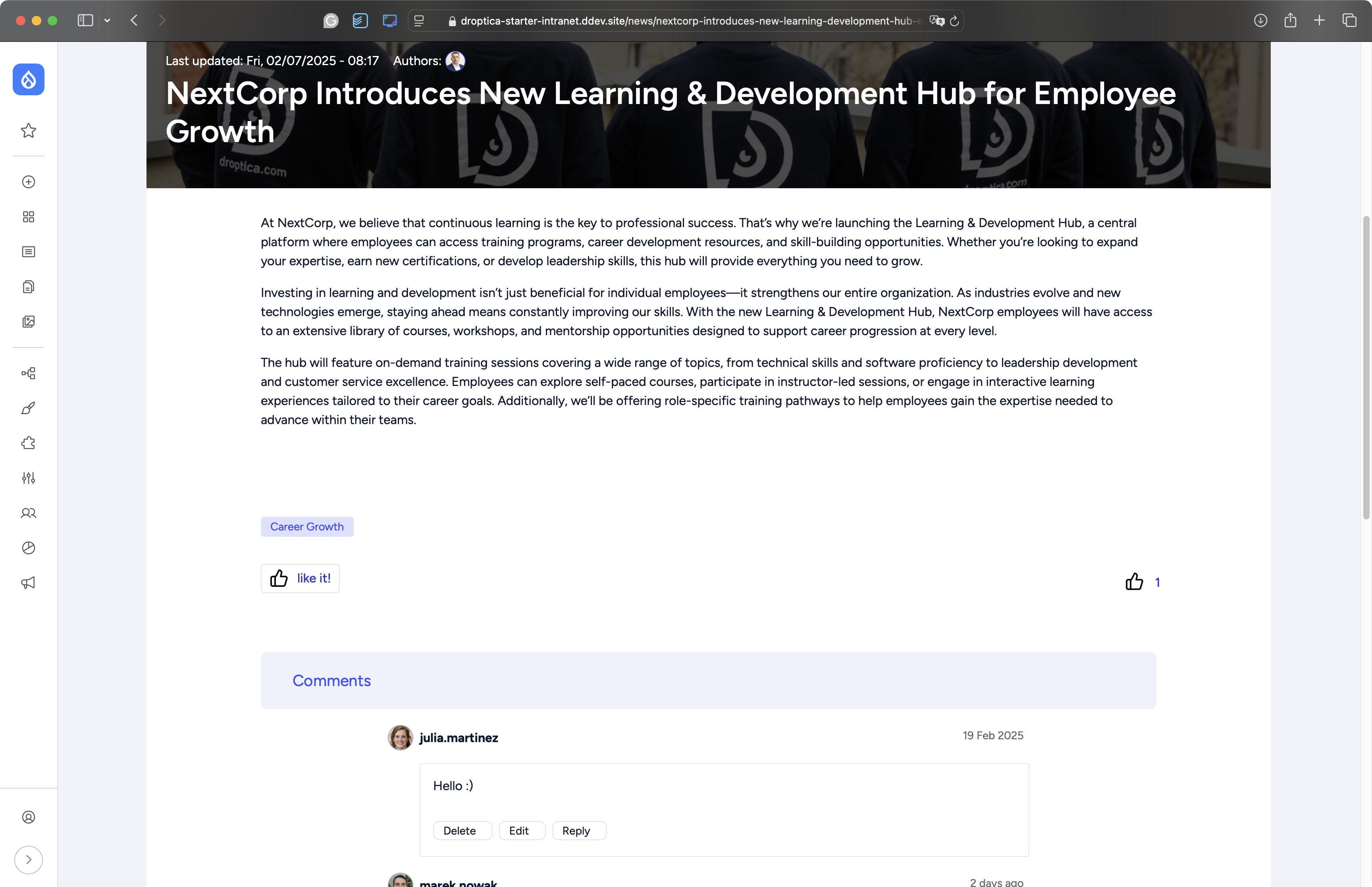 In the Open Intranet system, users can add comments and reactions under articles