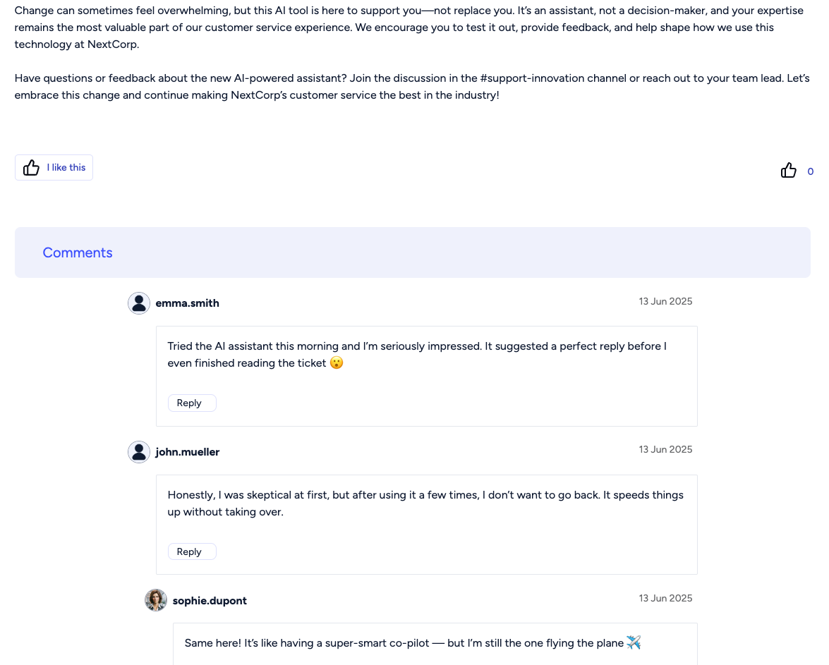 Comments section under an article added to a blog on the Open Intranet platform