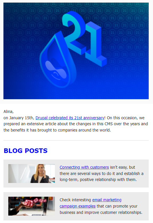 The Droptica newsletter contains links to articles from the company blog