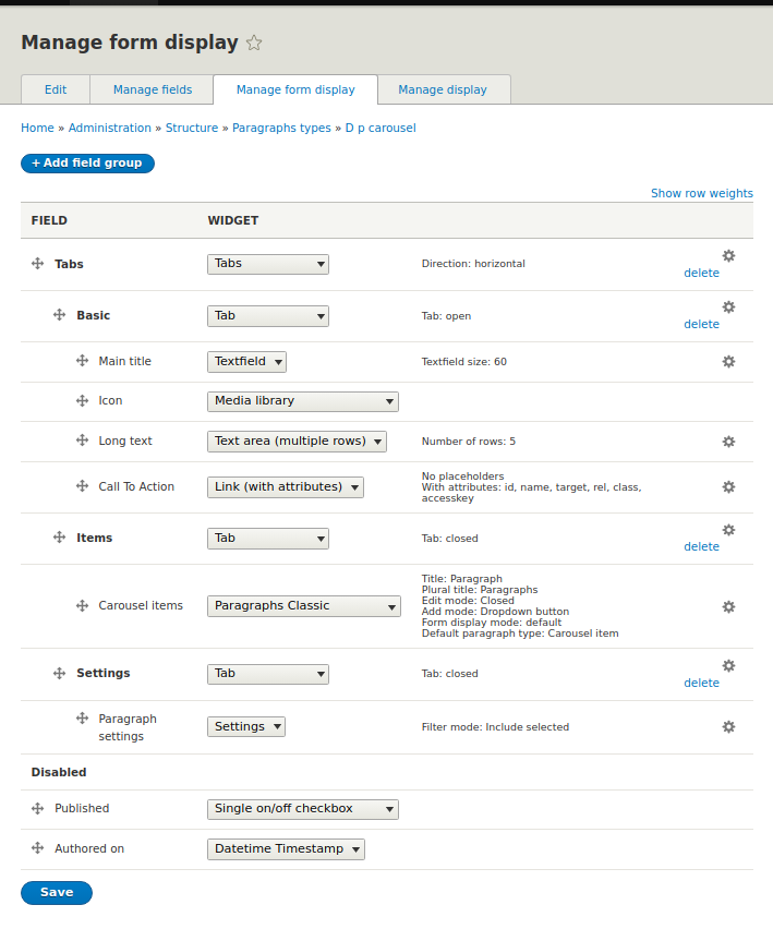 Configuring entity fields in the edit options of the entity view form