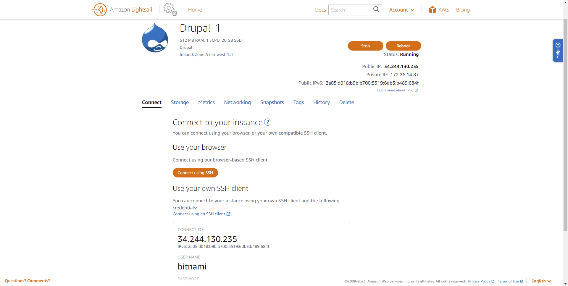 The screen after installing Drupal on the Amazon Lightsail platform with the Connect using SSH button visible