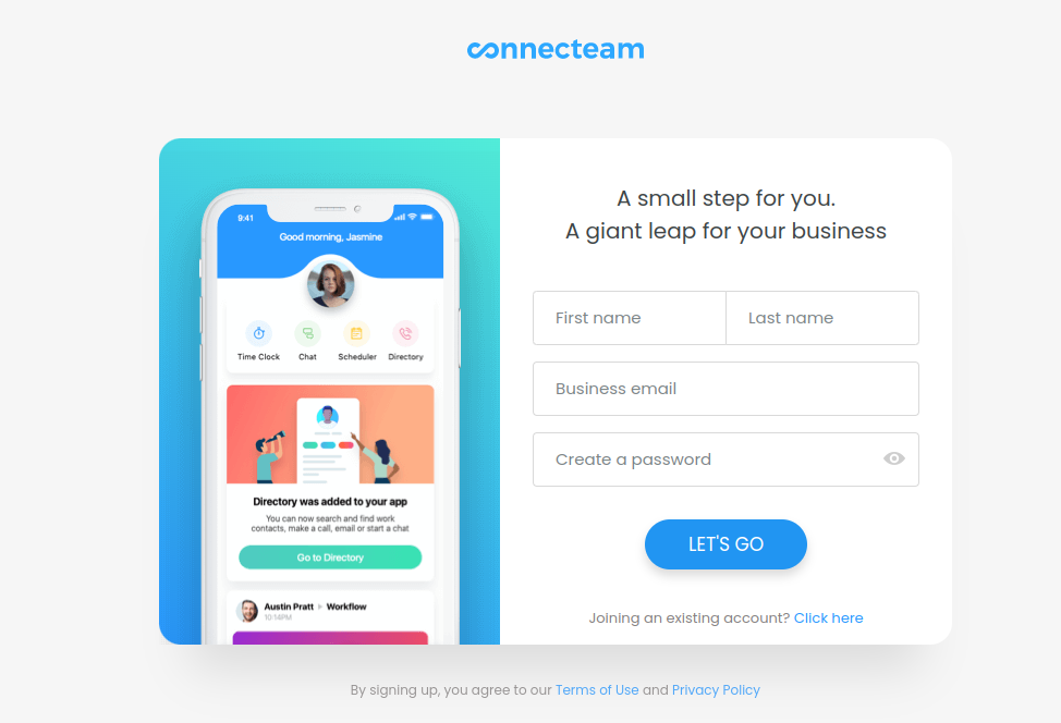 Registration form on the dedicated campaign landing page of Connecteam tool
