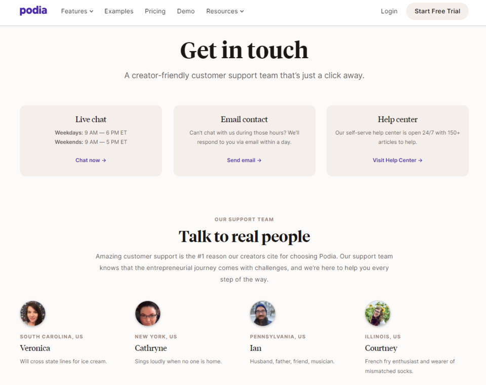 The Podia contact page includes the working hours of the support team and photos of its members