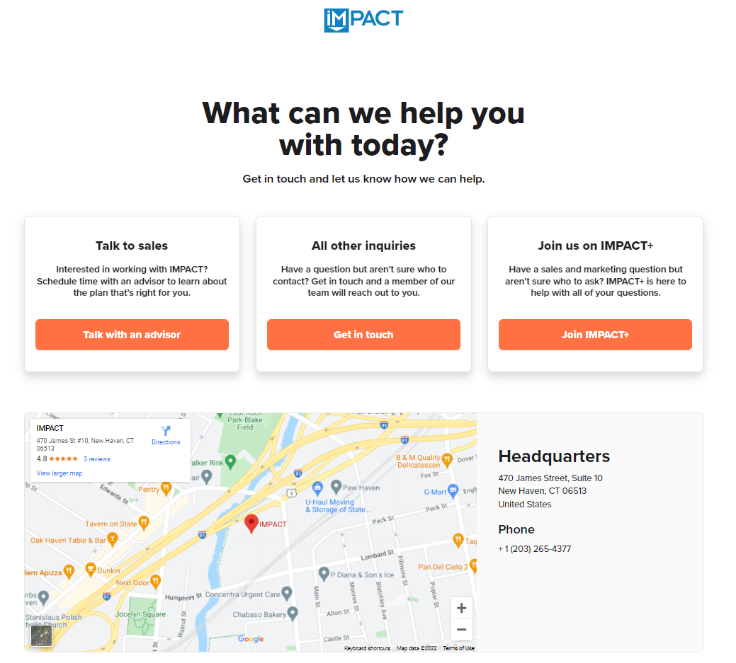 The IMPACT contact page includes buttons, headquarters address, and a map