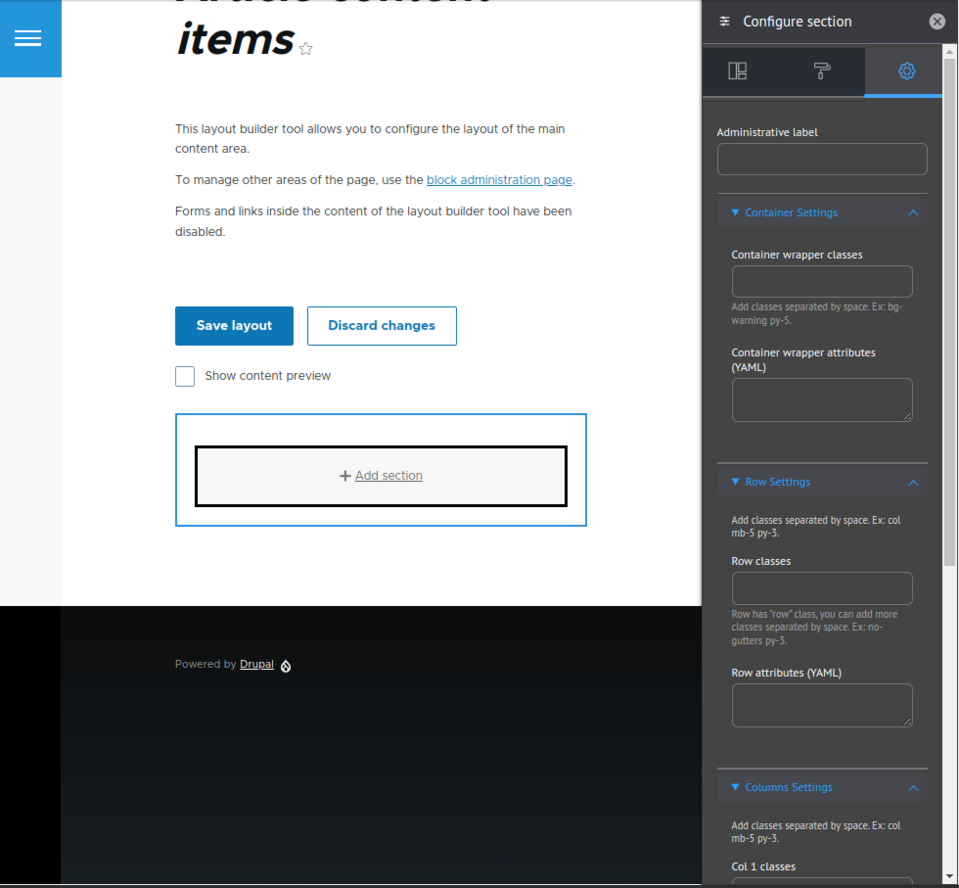 Container, rows, and columns settings in a custom layout created with Bootstrap Layout Builder