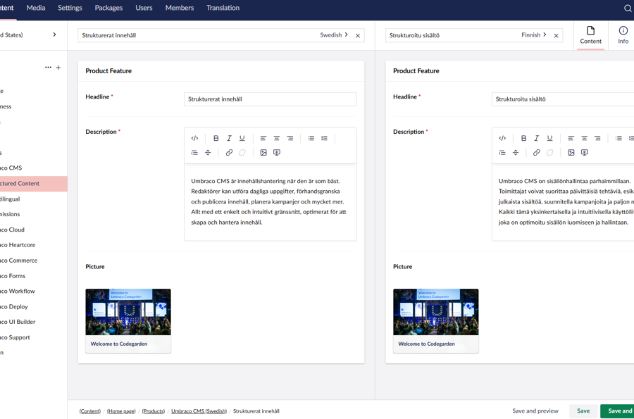 Creating content in the content management system Umbraco
