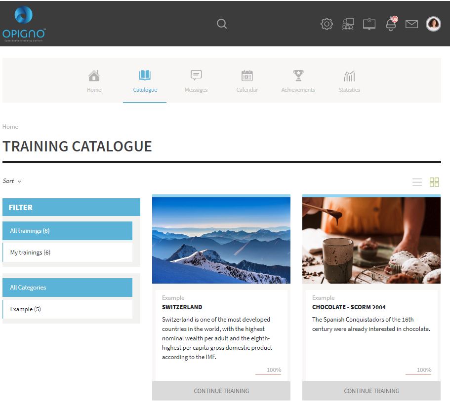 The training catalogue on the open source online learning platform Opigno
