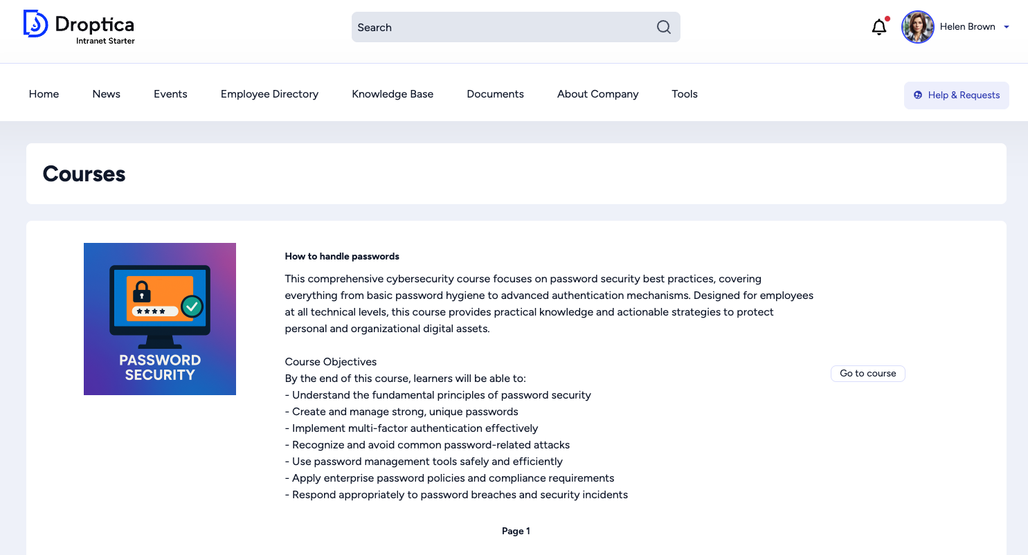 Open Intranet has an additional Courses function with one sample training and the ability to create your own courses