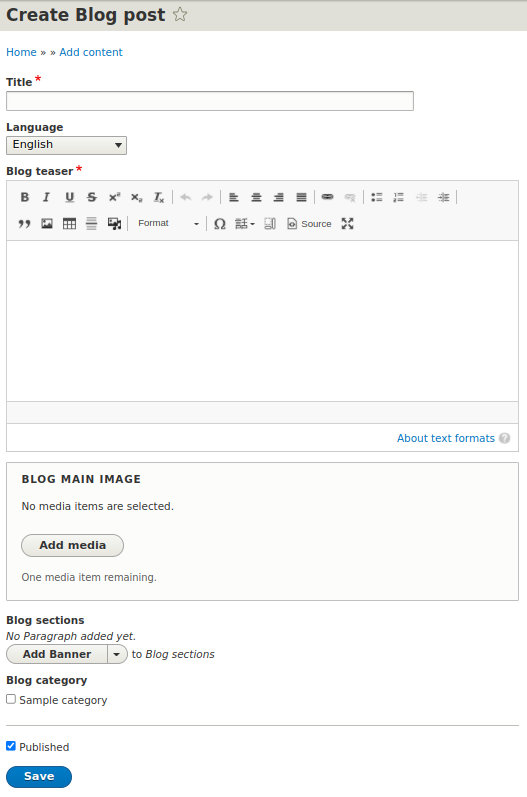 A form for creating a blog post in Droopler