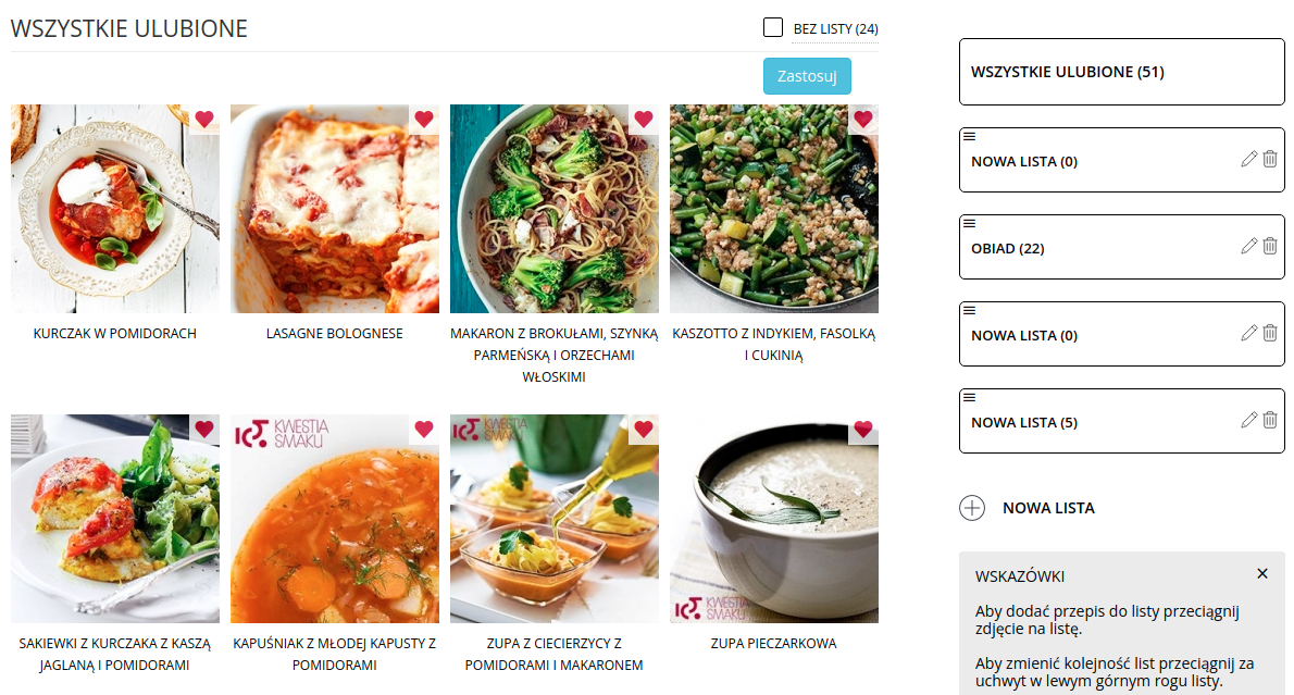 On the Kwestiasmaku.com website, users can create lists with their favorite recipes