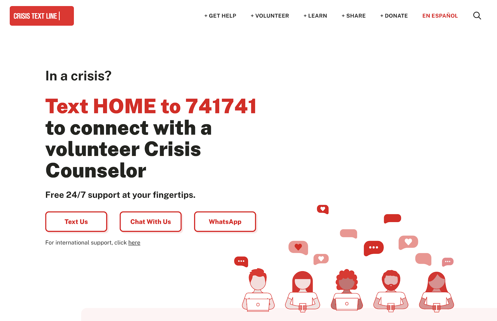 The website of the nonprofit organization Crisis Text Line makes it easy to find crucial information 