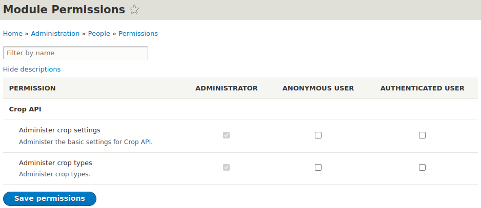 A place for managing permissions for the Crop API Drupal module where you can add or edit crop types