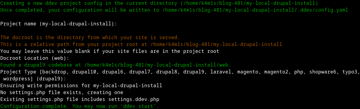 Running the Ddev config command to create a local development environment using this tool
