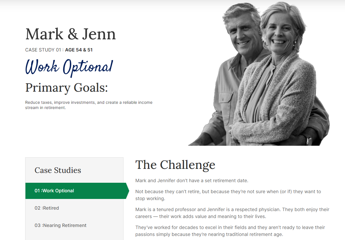 The Define Financial website includes a well-organized section with case studies.