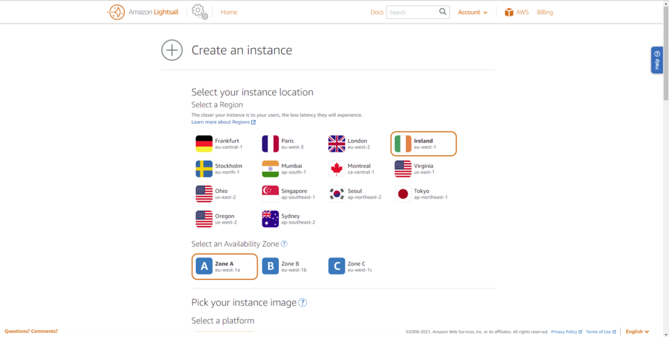 Setting the location of the new instance in Amazon Lightsail