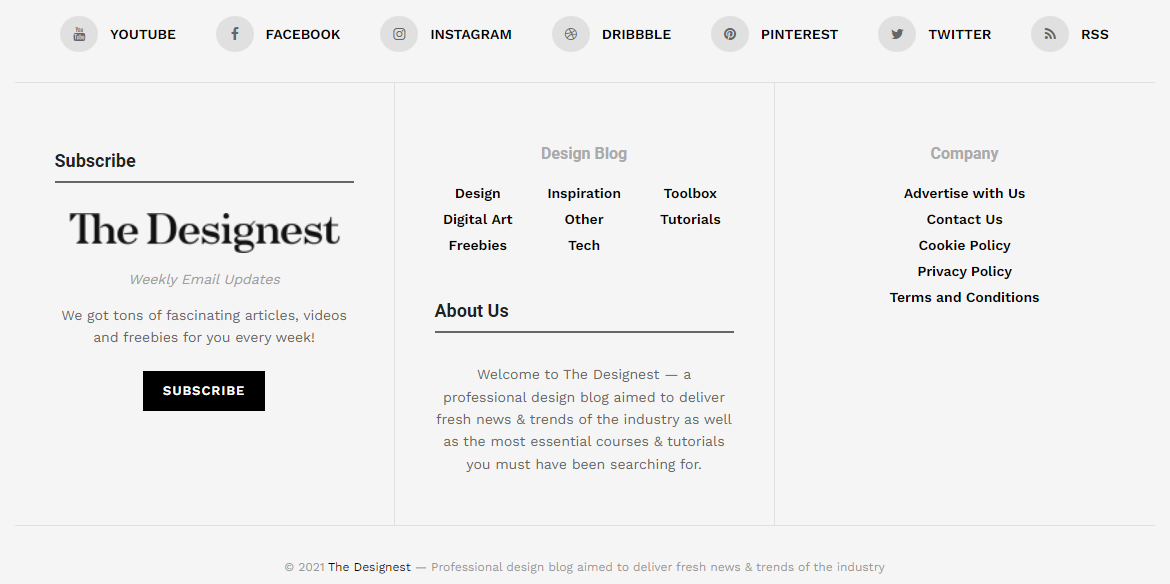 The Designest website footer is similar in style to newspaper designs