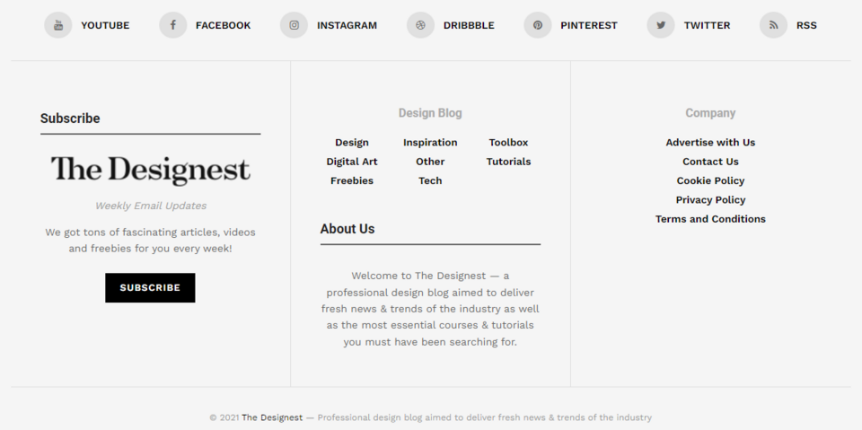 Der Footer der Designest-Website ähnelt im Stil den Zeitungsgestaltungen