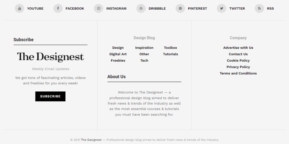 The Designest website footer is similar in style to newspaper designs