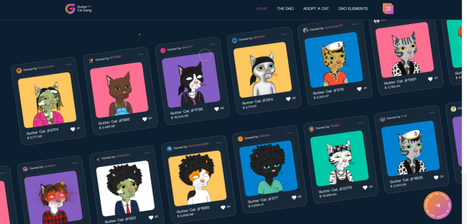 Diagonale Grafiken auf der Website des Startups Gutter Cat Gang DAO verzerren die Wahrnehmung von horizontal und vertikal, nutzen aber den Raum gut aus