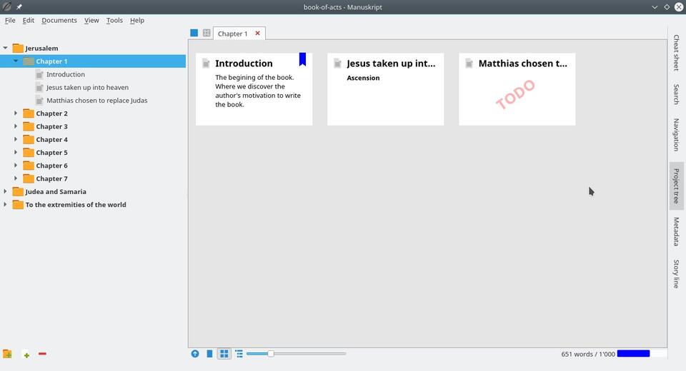 Manuskript publisher tool allows you to group content into chapters