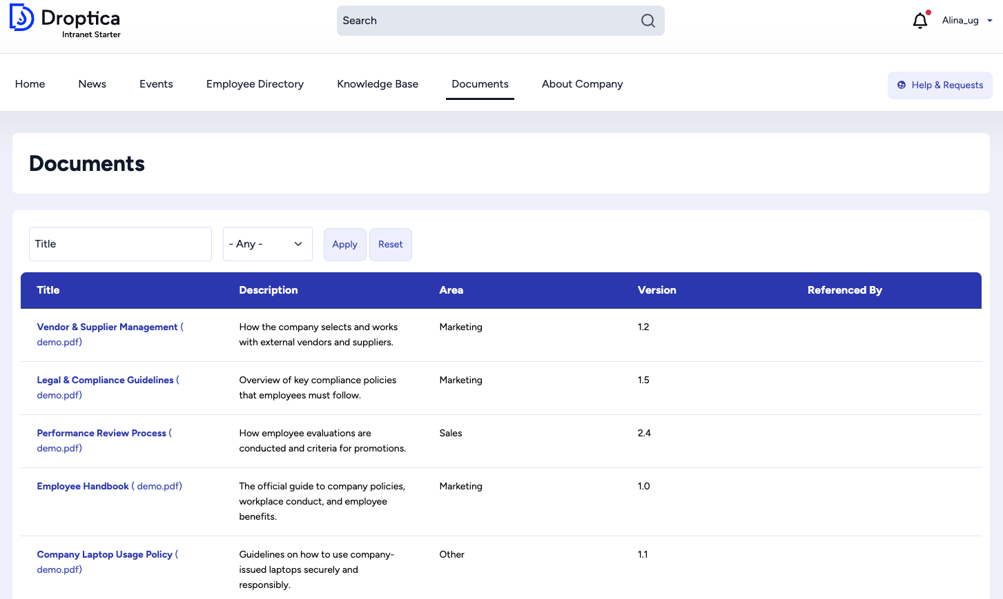 Document management in the Open Intranet system