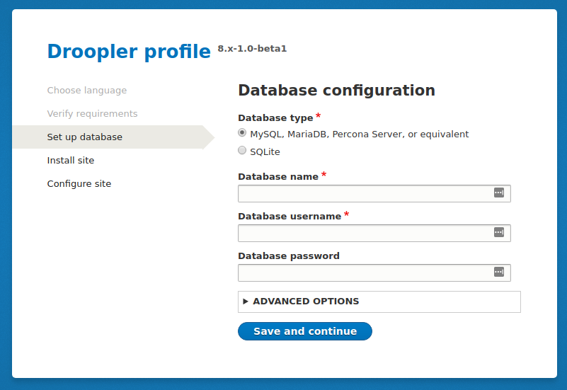 Droopler profile creator, step two, configuration of database