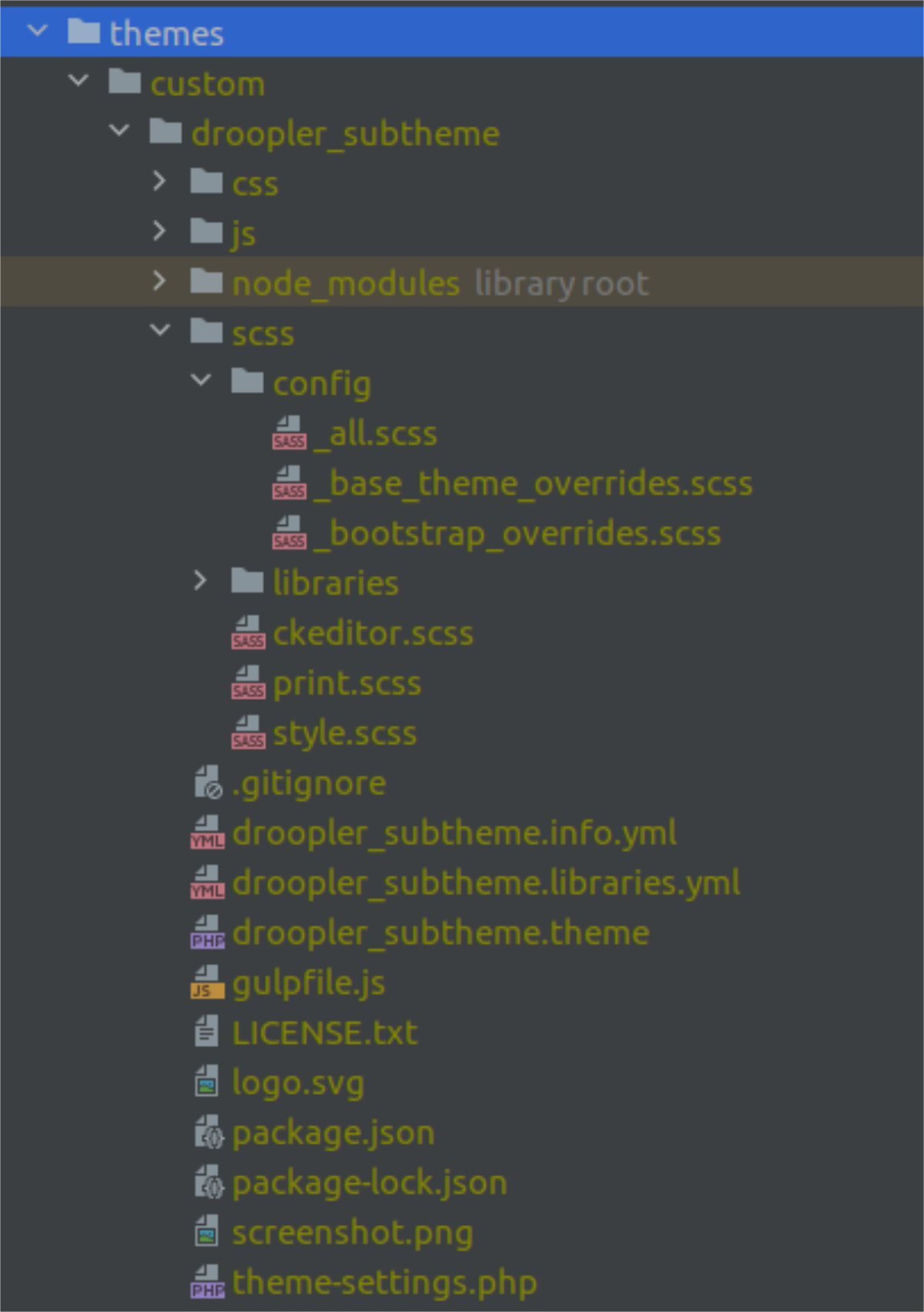 Droopler's sub-theme file structure with _base_theme_overrides.scss and _bootstrap_overrides.scss files