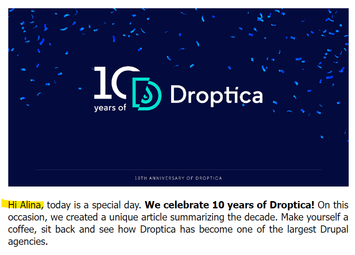 Ein Beispiel für die Personalisierung einer Nachricht durch die Verwendung des Namens des Empfängers in einer Droptica-Mailingkampagne.