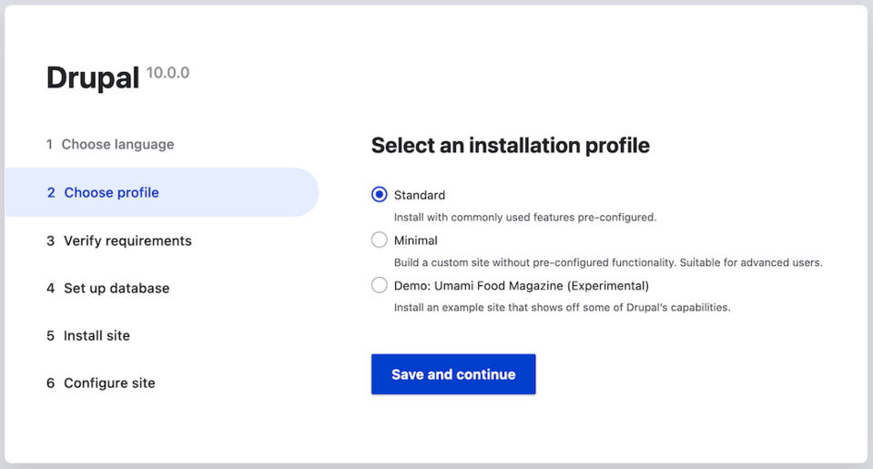 Selecting an installation profile in Drupal 10, which consists of modules and configurations.