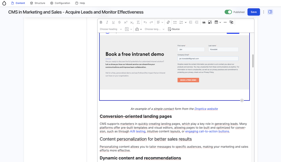 Content editor for a blog article on the Droptica website in Drupal.