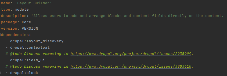 A view of a list of dependencies of the Drupal Layout Builder module