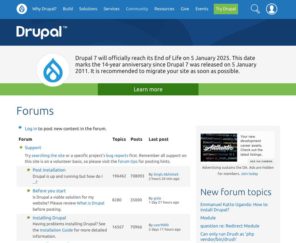 On Drupal.org, the Drupal community shares tools, modules, and tips with other users of the system.