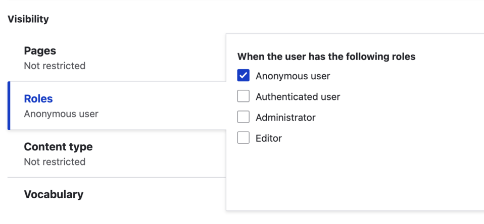 Drupal ermöglicht es Ihnen, präzise Rollen im CMS festzulegen, wie anonymer Benutzer, Administrator und Editor.