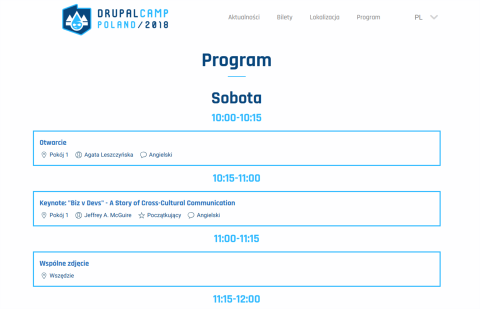 Die Website der DrupalCamp-Konferenz in Wrocław. Das übersichtliche Programm wurde von weniger erfahrenen Entwicklern erstellt