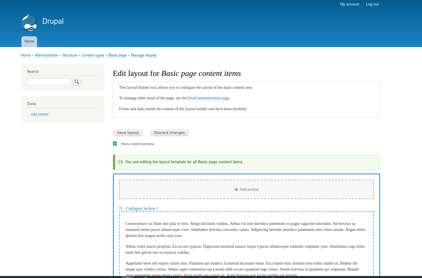 Layout editing page in Drupal that you can access by clicking the Manage layout button
