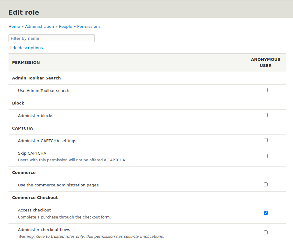 After going to the permissions edit, we can see all permissions assigned to a particular role on a Drupal website