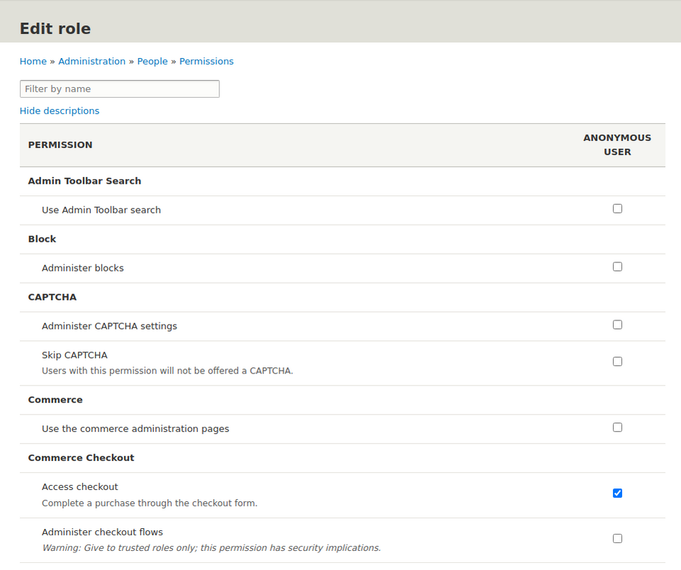 After going to the permissions edit, we can see all permissions assigned to a particular role on a Drupal website