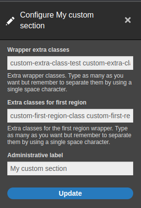 A section edit form in Drupal where we can add classes and our own administrative label