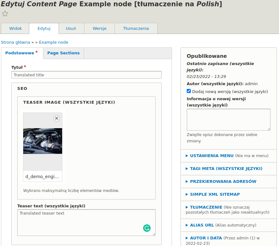 The simple view of editing the node in the language to which we translate the content