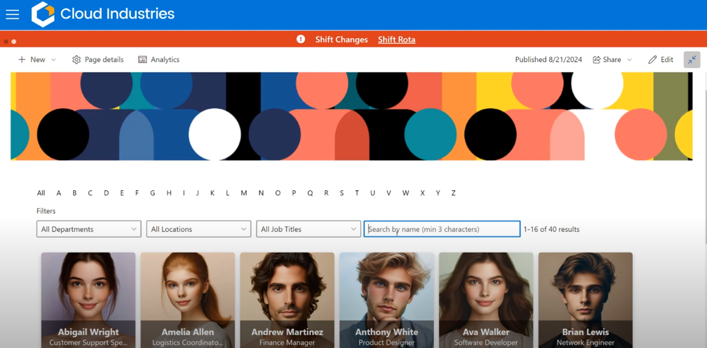 Employee directory with filtering options in the SharePoint-based intranet