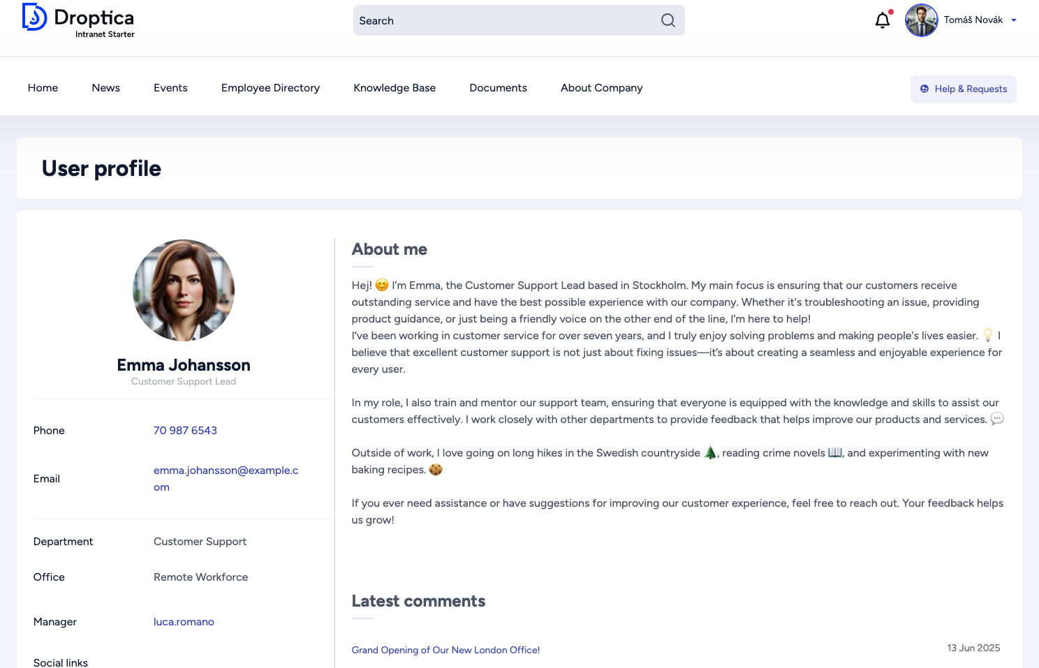 An employee's profile on the Open Intranet contains infromation about their department, supervisor and location