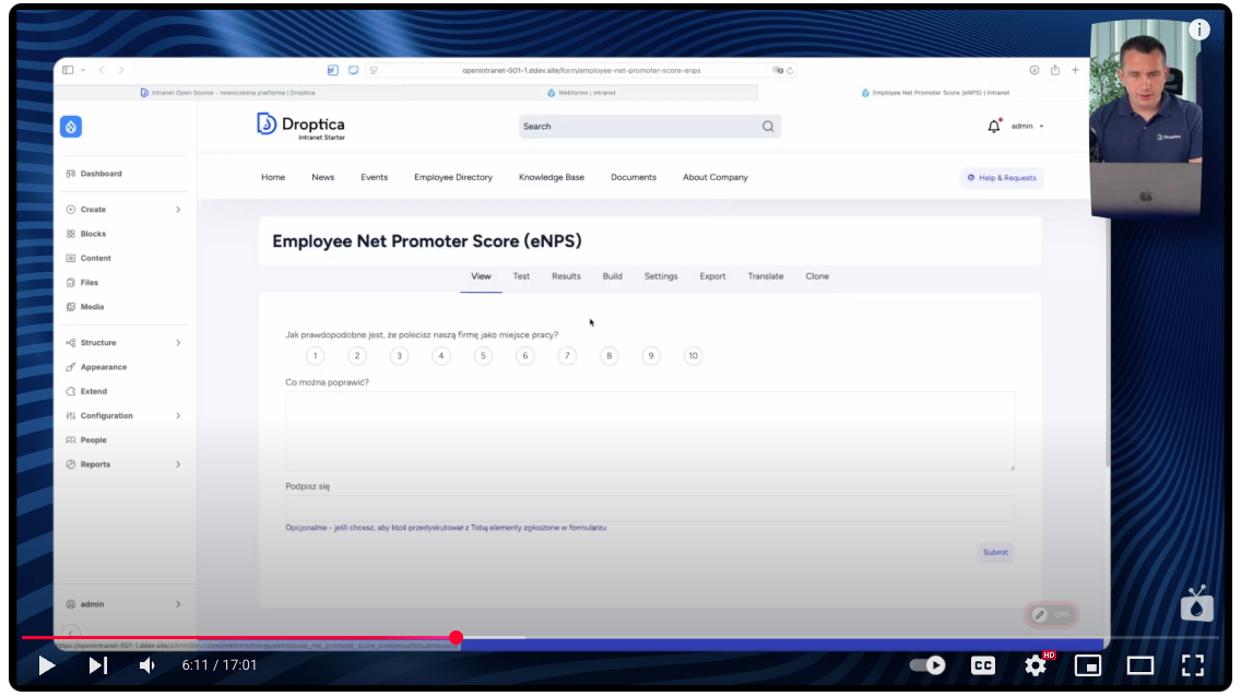 The NPS form on the intranet helps you collect employee feedback and increase employee engagement