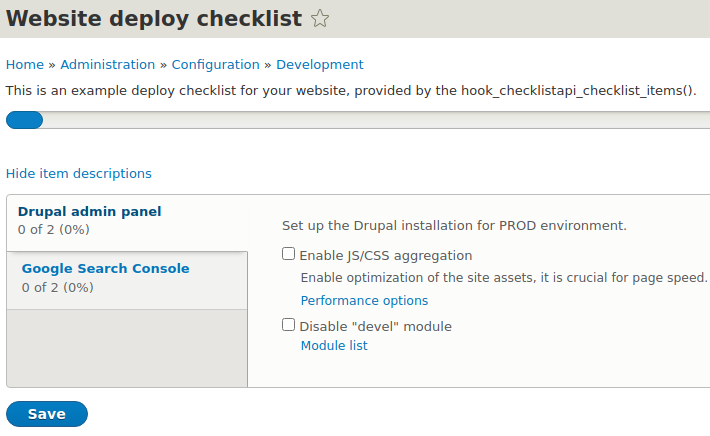 Beispiel einer Checkliste in Droopler, Drupal Distribution