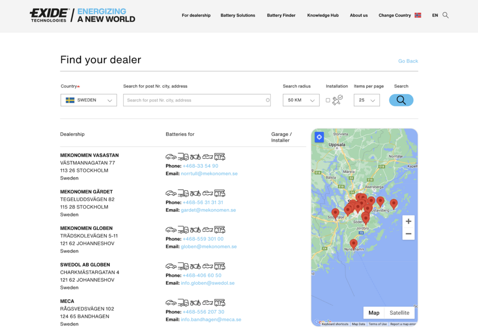 Exide Group's industrial website features a dealer locator tool created by Droptica developers.