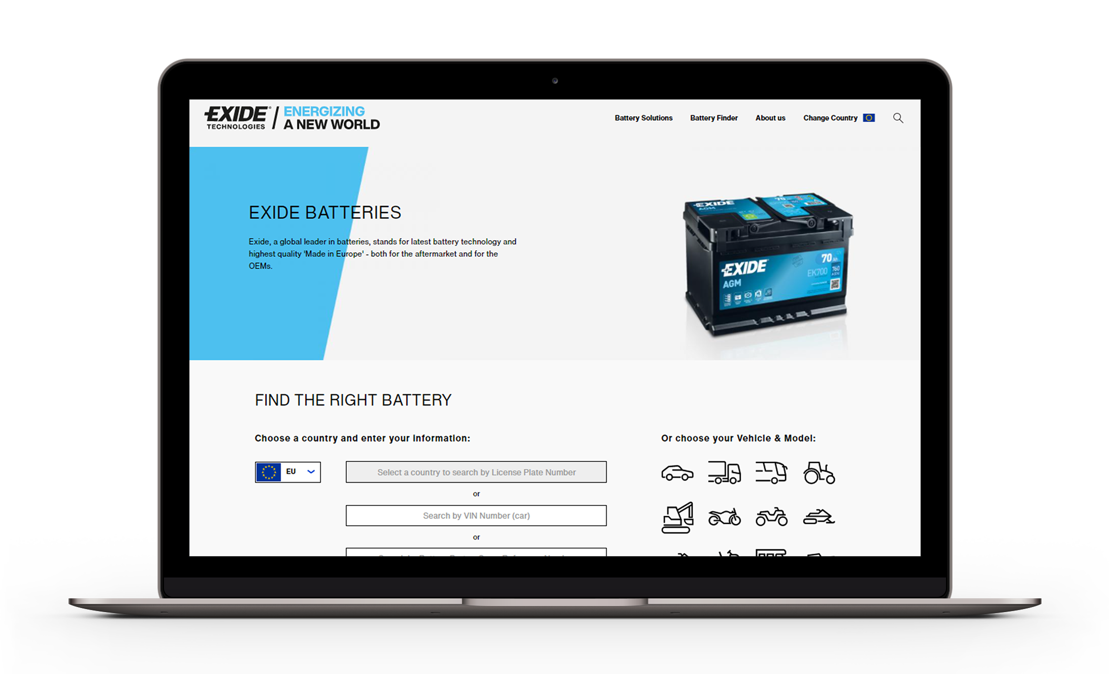 Product search on the website of Exide Technologies, a company manufacturing batteries