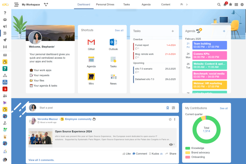 Exo intranet home page with various functionalities like tasks, agenda, or analytics