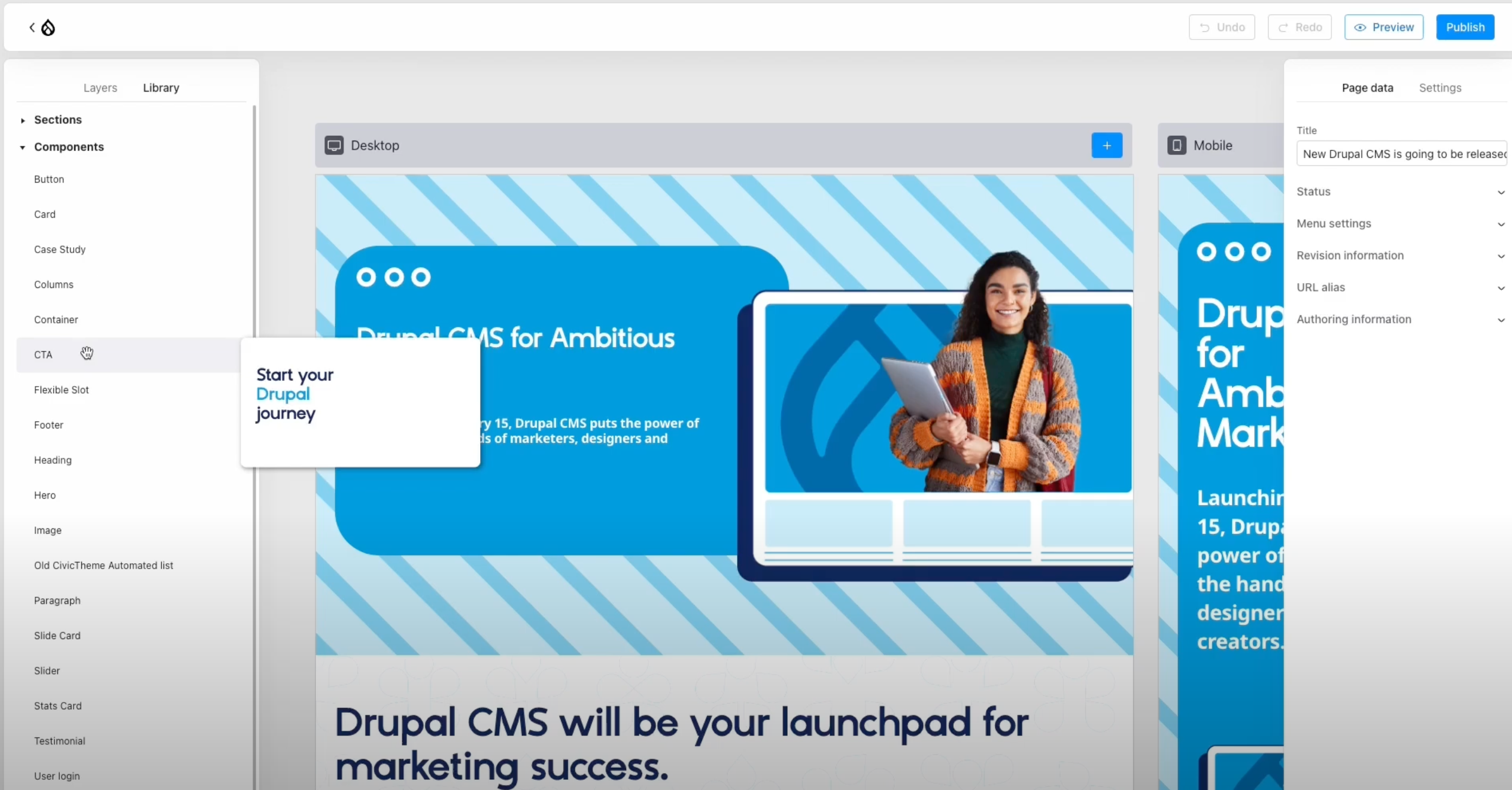 Example of editing options in Drupal Experience Builder
